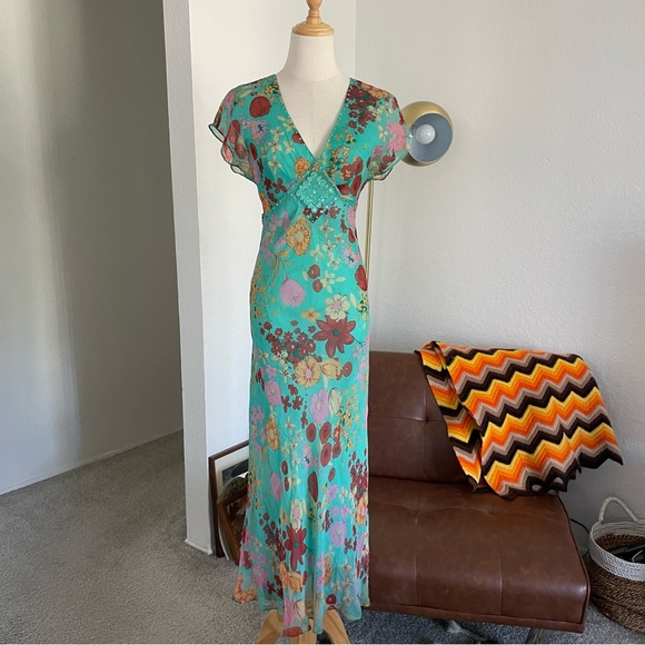 Ice Dresses & Skirts - Vintage 1990s Y2K iCe Boho Fairy Floral SIlk Beaded Maxi Dress